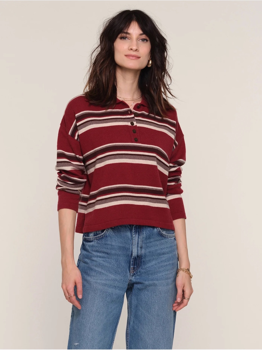 Heartloom Joyce Burgundy Striped Vneck Cashmere Blend Pullover